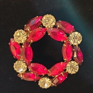 Vintage Brooch Pin Large White Red Stones